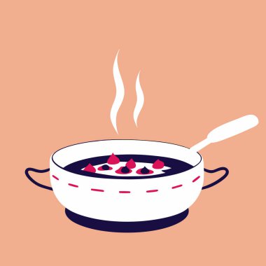 Bir tencere yemek ve kaşık ve sıcak sıvı.