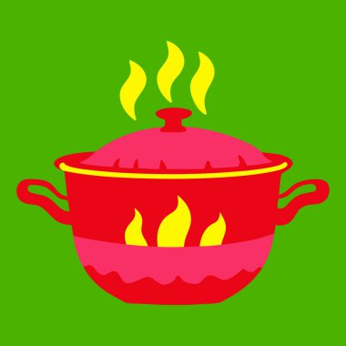 Sarı alevleri olan kırmızı bir tencere.