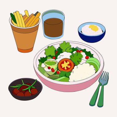 Sağlıklı vejetaryen yemek vektörü çizimi