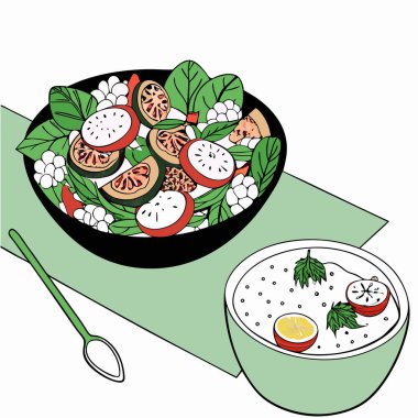Sağlıklı vejetaryen yemek vektörü çizimi