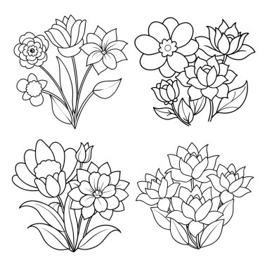 Basit çiçekler, çocuk ve yetişkinler için resim çizerek kitap sayfalarını renklendirir.