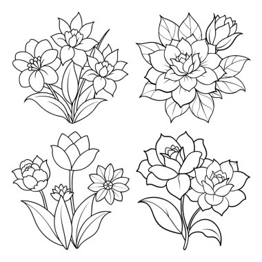 Basit çiçekler, çocuk ve yetişkinler için resim çizerek kitap sayfalarını renklendirir.