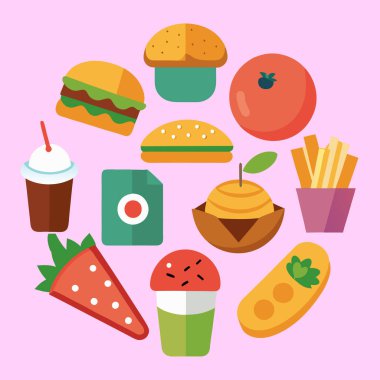 Çizgi film Stili Fast Food Ögeleri Vektör İllüstrasyonu