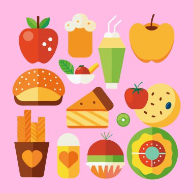 Çizgi film Stili Fast Food Ögeleri Vektör İllüstrasyonu