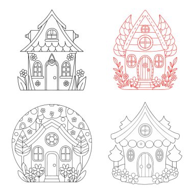 Çocuklar için el çizimi şirin ev vektör resimleme sayfası