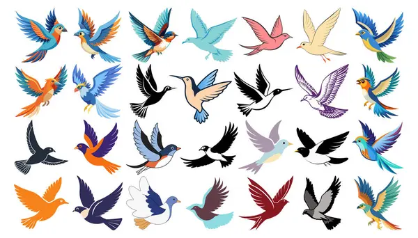 Uçan Kuşlar Vektör Sanat El Sanatı Renkli ve Tek Renkli Kanatlı Kuşlar