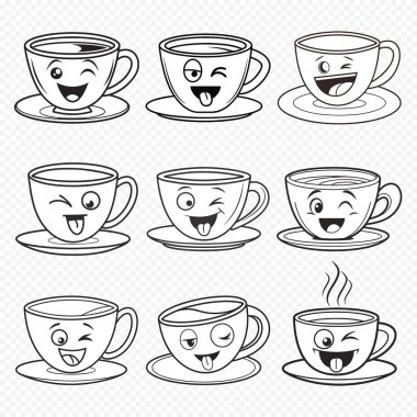 Şeffaf Arkaplanda Komik Göz Kırpma ve Dilden Çıkarma Çay Fincanları Çizim Biçimi