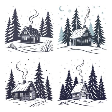 Kış Ormanı 'nda Çam Ağaçları ve Sıcak Atmosfer ile Karlı Ahşap Kulübe