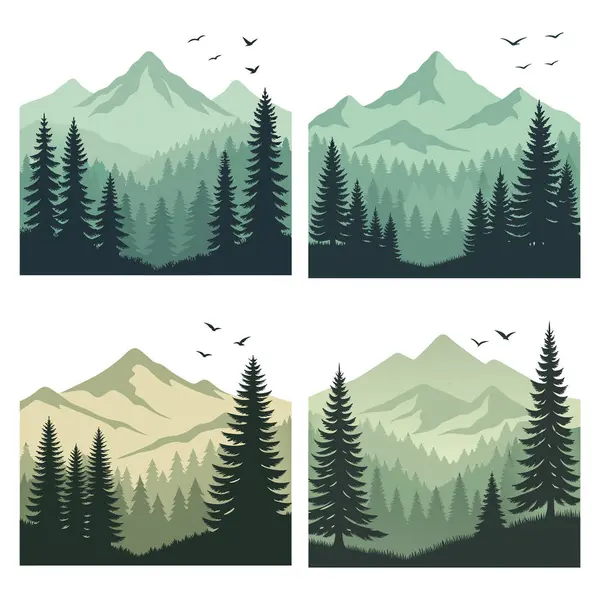 Çam ağaçlarıyla Dağ Ormanları, Uçan Kuşlar ve Doğal Manzara Resimleri