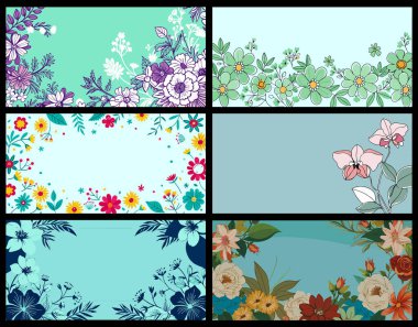 Elle çizilmiş çiçek ve yumuşak pastel yapraklarla güzel bir telif alanı koleksiyonu ve tebrik kartı afişi ve dekoratif tasarım için kalın renkler