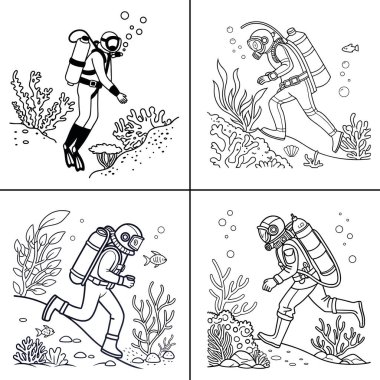 Scuba dalgıçlarının mercan resiflerini ve okyanus yaşamını renklendirme ve eğitim amaçlı siyah ve beyaz ana hatlarıyla keşfettikleri bir dizi sualtı sahnesi.