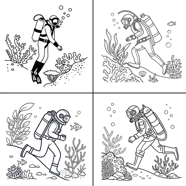 Scuba dalgıçlarının mercan resiflerini ve okyanus yaşamını renklendirme ve eğitim amaçlı siyah ve beyaz ana hatlarıyla keşfettikleri bir dizi sualtı sahnesi.