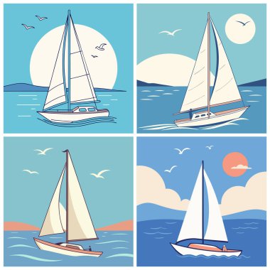 Açık mavi gökyüzü ve bulutlu, yaz seyahatleri ve deniz keşifleri için rengarenk çizimlerle denizde barış dolu yelkenli tekneler.