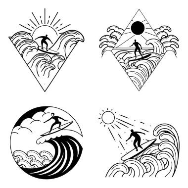 Okyanus Dalgaları ve Güneş Çizgi Sanatında Tek Renkli Sörf Çizgisi