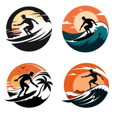 Tropikal Okyanus Dalgaları ve Dinamik Sörfçülerle Günbatımı Seti