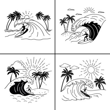 Tropik plaj sahnesi, sörfçülerin güneş altında dalgalanması ve palmiye ağaçlarının tek renk çizgisi sanat tarzında olması.