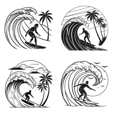 Tropikal Okyanus Dalgaları ve Manzaralı Sörfçü Günbatımı Görüntü Çizimi