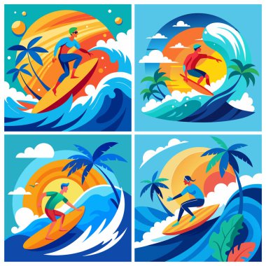 Dalgalar, tropikal palmiyeler, parlak gün batımları ve temiz okyanus arkaplanı üzerinde aktif sörfçülerle canlı sörf çizimleri.