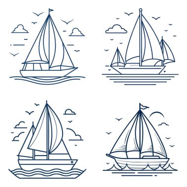 Tek renkli yelkenli tekneler, huzurlu deniz tasarımı projeleri için kabarık bulutlar ve ufuk çizgileri ile sakin okyanus üzerinde çizim yapıyor.