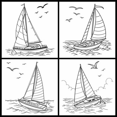 Denizcilik çizimi tarzında sakin deniz seyahati tasarımı için bulanık arkaplanı olan okyanus üzerindeki en az yelkenli çizimleri