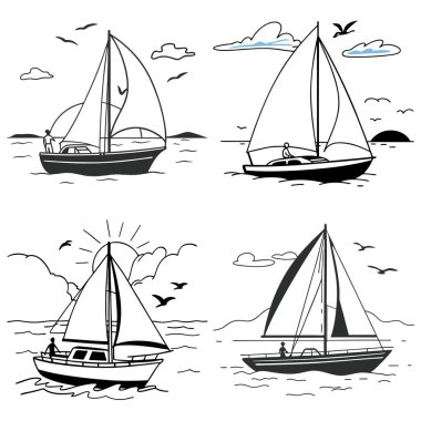 Huzurlu okyanuslarda yelkenli çizgileri ve bulutlar barışçıl deniz ve deniz temalı projeler için gökyüzünde bulutlar.