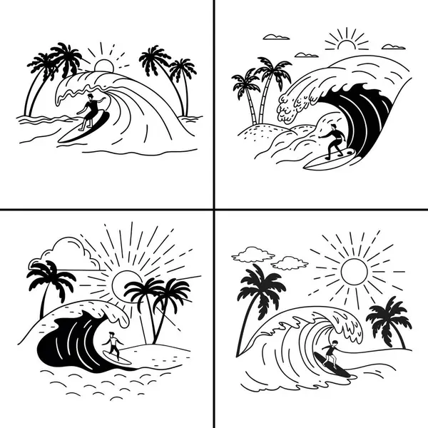 Tropik plaj sahnesi, sörfçülerin güneş altında dalgalanması ve palmiye ağaçlarının tek renk çizgisi sanat tarzında olması.