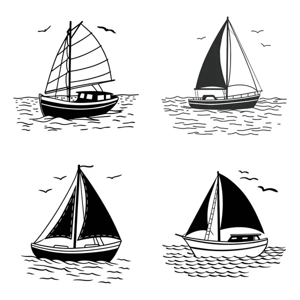 Kuşlar ve insan figürlü siyah beyaz bir yelkenli. Huzurlu deniz illüstrasyonu tarzında.