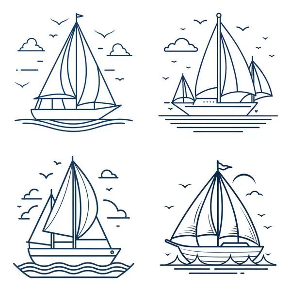 Tek renkli yelkenli tekneler, huzurlu deniz tasarımı projeleri için kabarık bulutlar ve ufuk çizgileri ile sakin okyanus üzerinde çizim yapıyor.