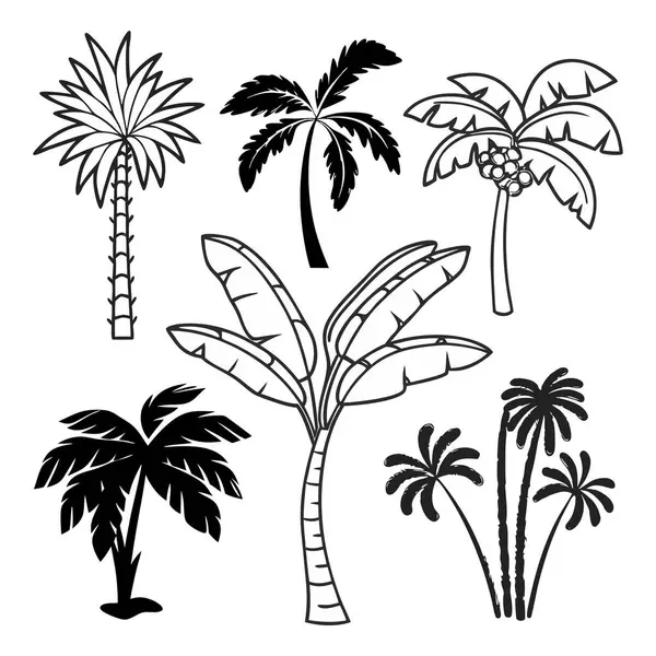 Karışık Tropikal Ağaçlar Resim Koleksiyonu Silüet ve Çizgi Sanatı Minimal El Çizim Biçimi