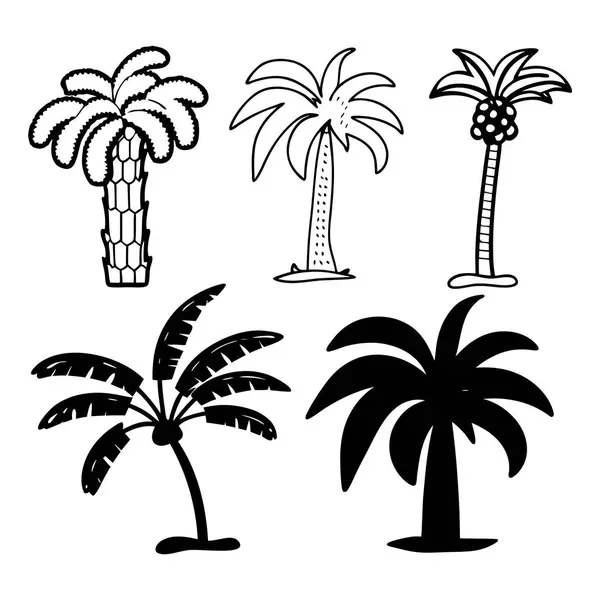 El çizimi Tropikal Ağaç Koleksiyonu Muz Palmiyesi ve Hindistancevizi Ağaçları Siluet ve Çizgi Sanat Tarzı Orman ve Doğa Tasarımı