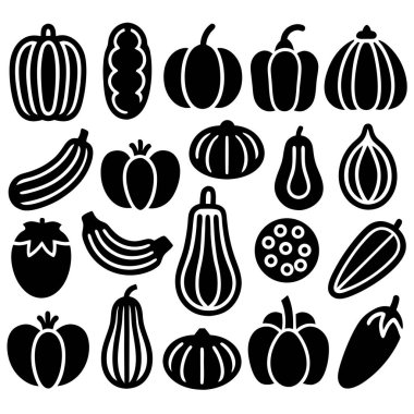 Dekoratif siyah ve beyaz sebze ikonları; kabak kabakları ve yiyecek ve çiftlik temalı tasarımlar için diğer yenilebilir ürünleri içerir.