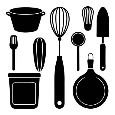 Mutfak gereçleri simgesi simgesi, spatula çanak çırpı kepçesi ve düz siluet tarzında şişe.