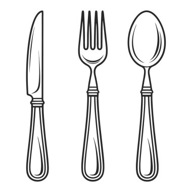 Bıçak Çatalı ve Kaşıklı Siyah ve Beyaz Çizgi Sanat Seti