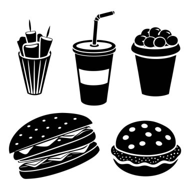 Hamburger Dilimi ve Kek dahil Fast Food Ögelerinin Vektör İllüstrasyonu