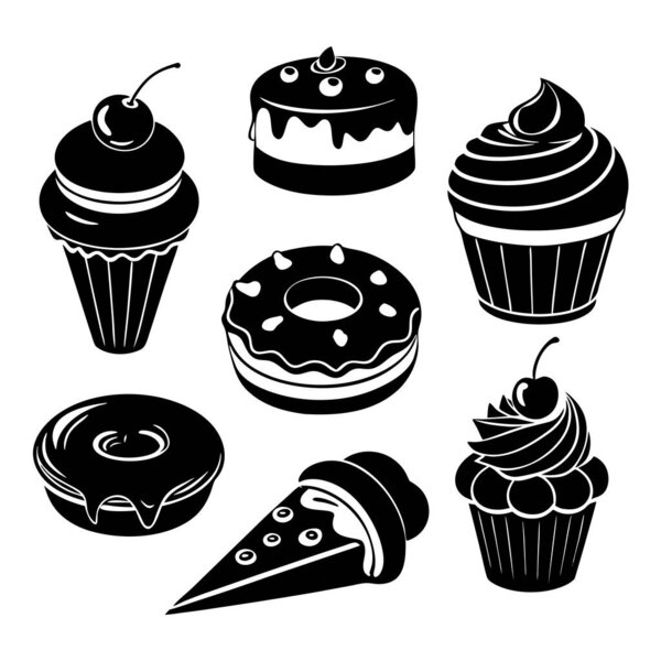 Черно-белые десертные силуэты с кексами и кексами