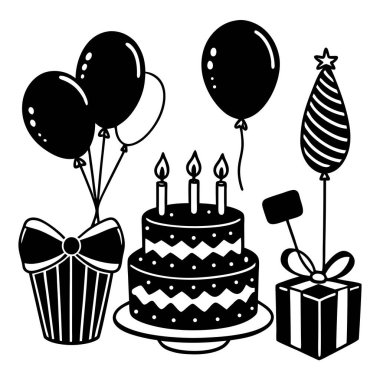 Pastalı, balonlu, hediye kutulı ve mumlu doğum günü kutlaması ikonları.