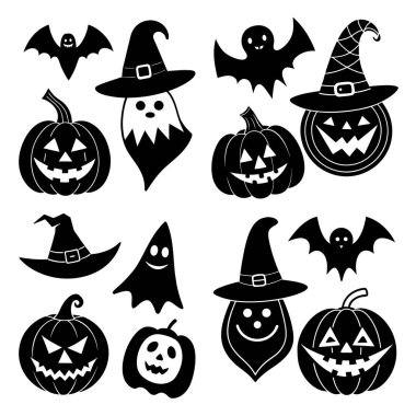 Çizgi film tarzında hayalet, balkabağı, yarasa ve cadı şapkalı Cadılar Bayramı siluetleri