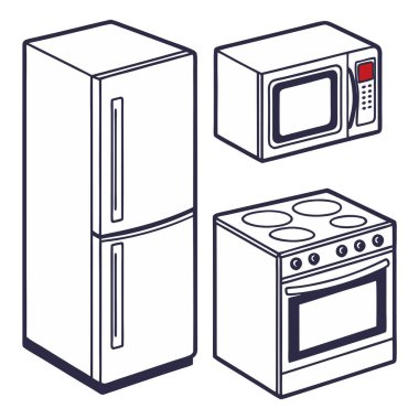 Elle çizilmiş buzdolabı, mikrodalga fırın ve fırın ile mutfak aletleri illüstrasyonuName