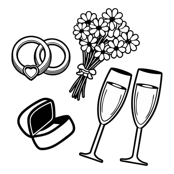 Düğün çiçeği buketleri, şampanya bardakları ve elmas yüzükler. Kutlama ve nişan tasarımı için sanat eserleri seti.