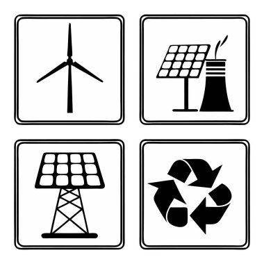 Rüzgar türbini, güneş paneli, geri dönüşüm sembolü ve enerji istasyonu simgeleri temiz enerji ve yeşil teknoloji temaları için siyah minimal tarzda simgeler