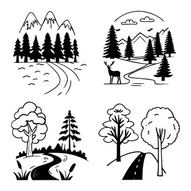 Çam ağaçları ve orman yolu ile el çizimi dağ manzarası siyah ve beyaz resimle