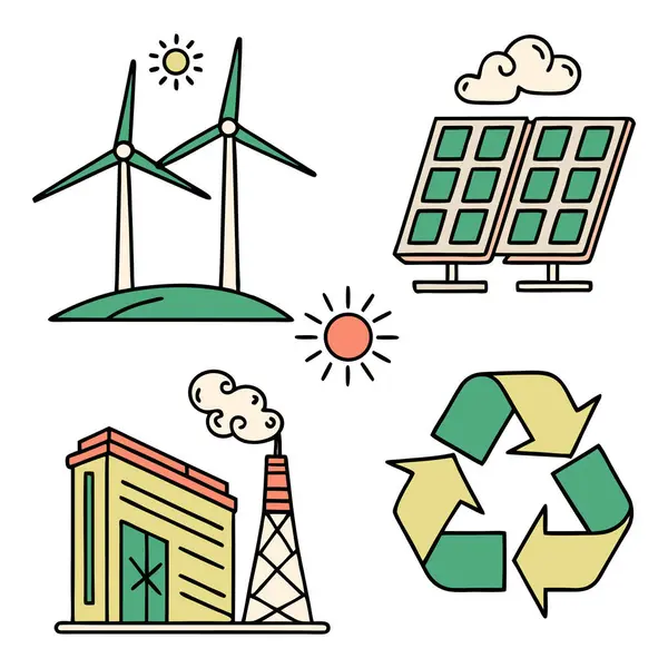 Rüzgar türbinlerinin, güneş panellerinin, geri dönüşüm işaretlerinin ve yenilenebilir ve temiz enerji kaynaklarını temsil eden fabrika binalarının eko çizimi