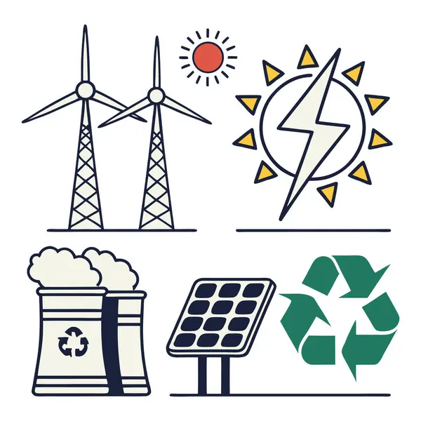Rüzgar türbinleri, güneş paneli, geri dönüşüm işareti, güneş ışığı ikonu ve duman yayan elektrik santrali ile yenilenebilir enerjinin modern düz çizimi