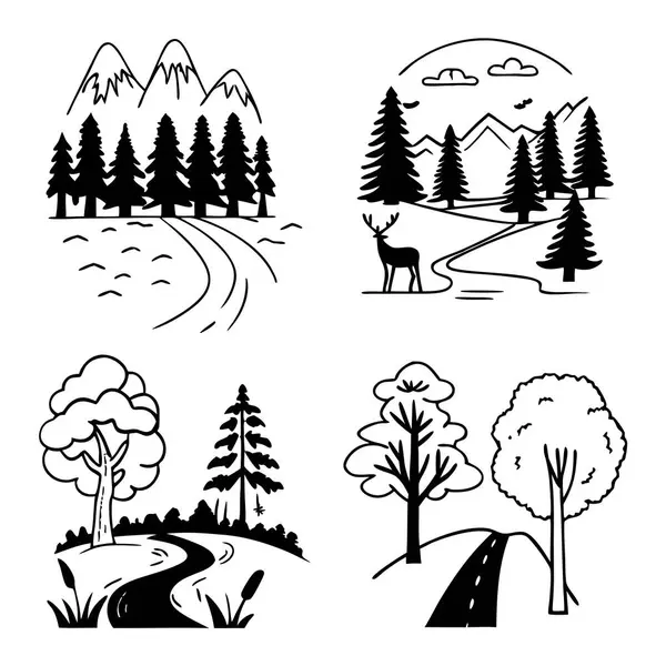 Çam ağaçları ve orman yolu ile el çizimi dağ manzarası siyah ve beyaz resimle