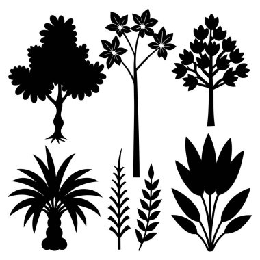 Egzotik ve süs yapraklı çeşitli ağaç ve bitkilerin dekoratif silüeti