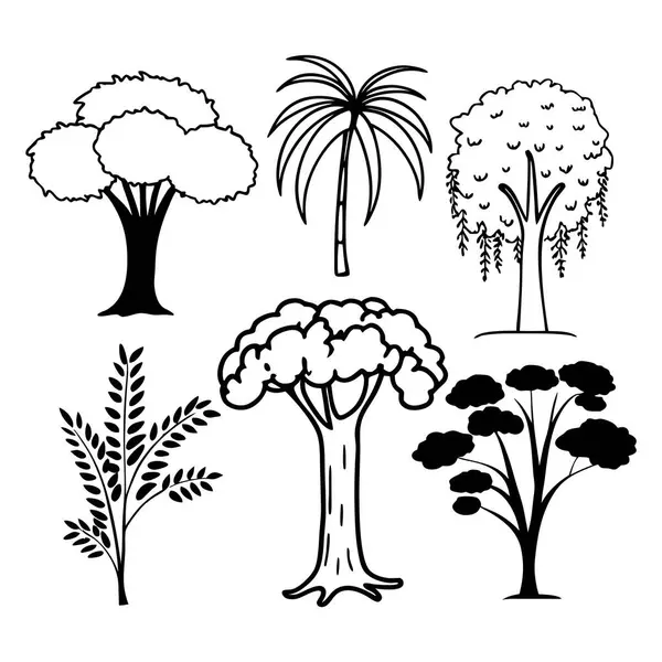 Botanik dekorasyon ve doğal tasarım konseptleri için siyah siluet ağacı ve bitki koleksiyonu
