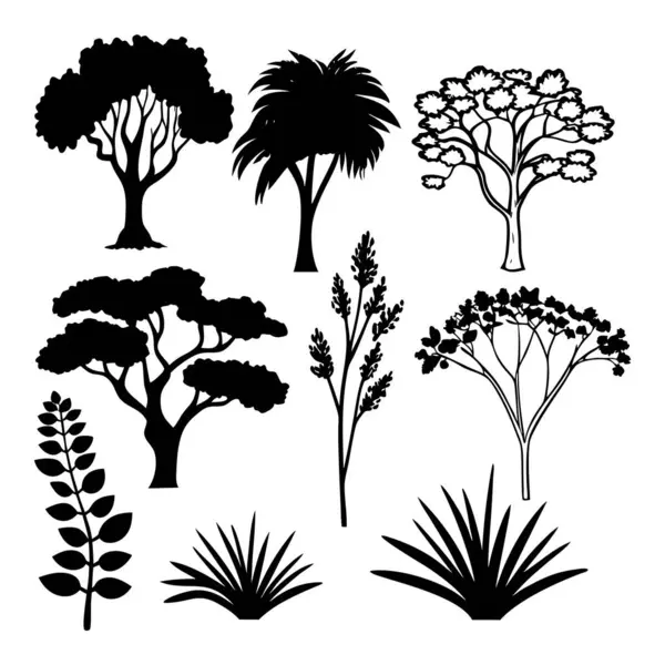 Orman, bahçe, manzara ve doğa tasarım kavramları için siyah şekilli şık ağaç ve bitki siluetleri.