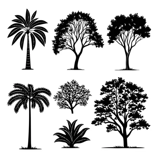 Orman ağacı ve bitki siluetleri koleksiyonu. Temiz beyaz arka planda çeşitli doğal şekiller, dallar ve yapraklar.