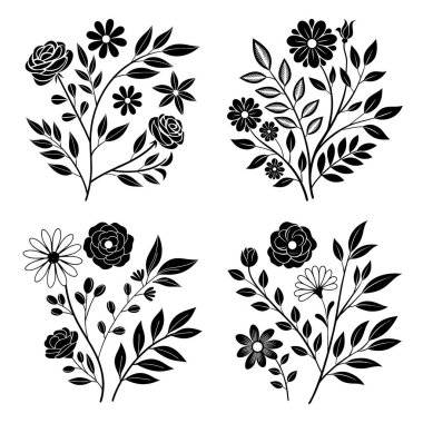 Zarif Çiçek Siluet Seti El Çizimi Güller, Papatyalar ve Siyah Mürekkep Biçimli Yapraklar