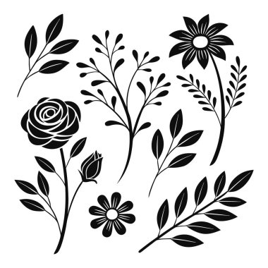 Güllü Siyah Çiçek Siluetleri, Papatyalar, Buds ve Botanik Yaprakları Minimal Çizgi Sanatında